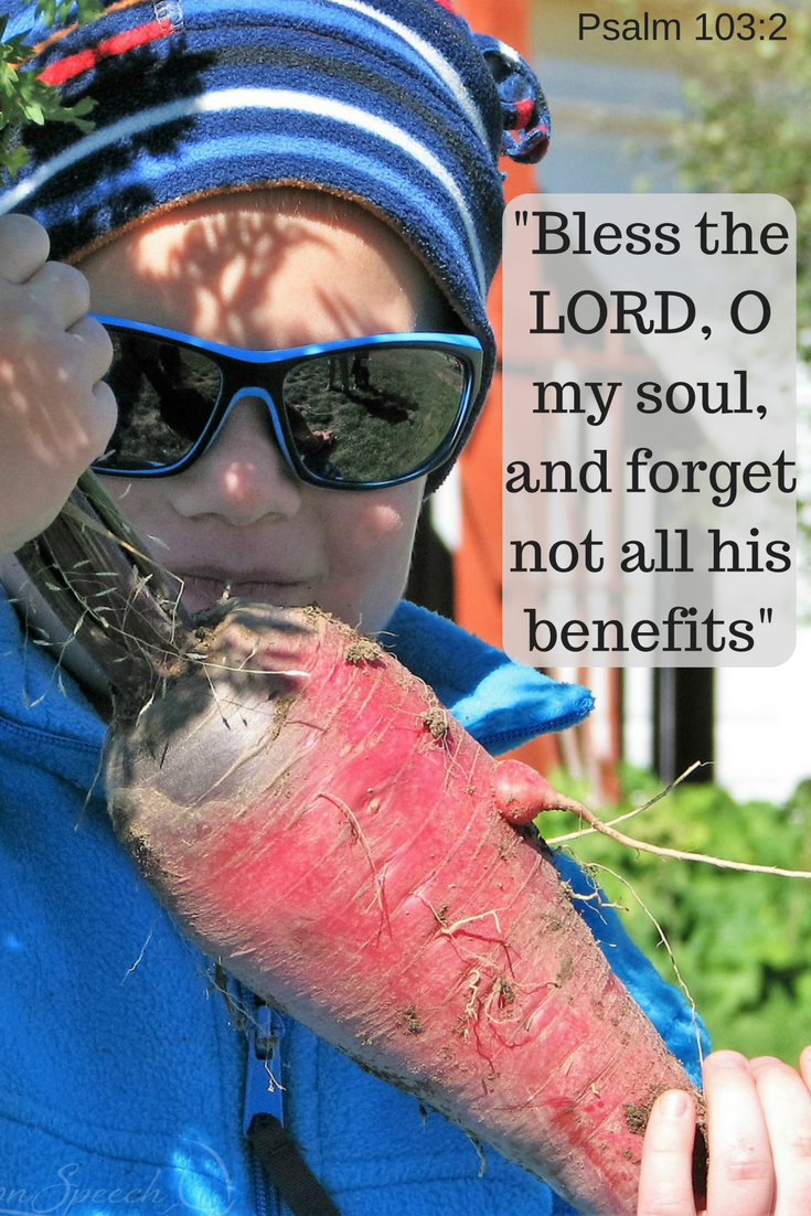 Boy holds large carrot, a reminder of the LORD's benefits. Psalm 103:2