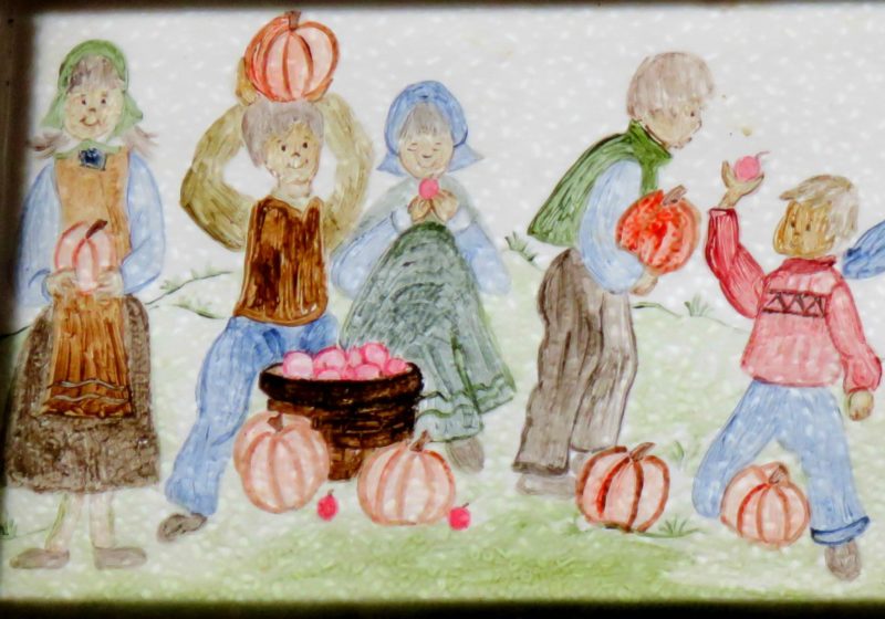 Artwork illustrating delight in a bountiful harvest of apples and pumpkins, Schubert's Restaurant, Mt Horeb, WI