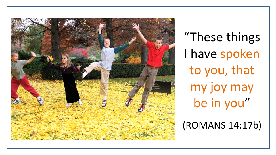 Jesus spoke in creation that his joy may be in us, photo shows joyful children in fall leaves